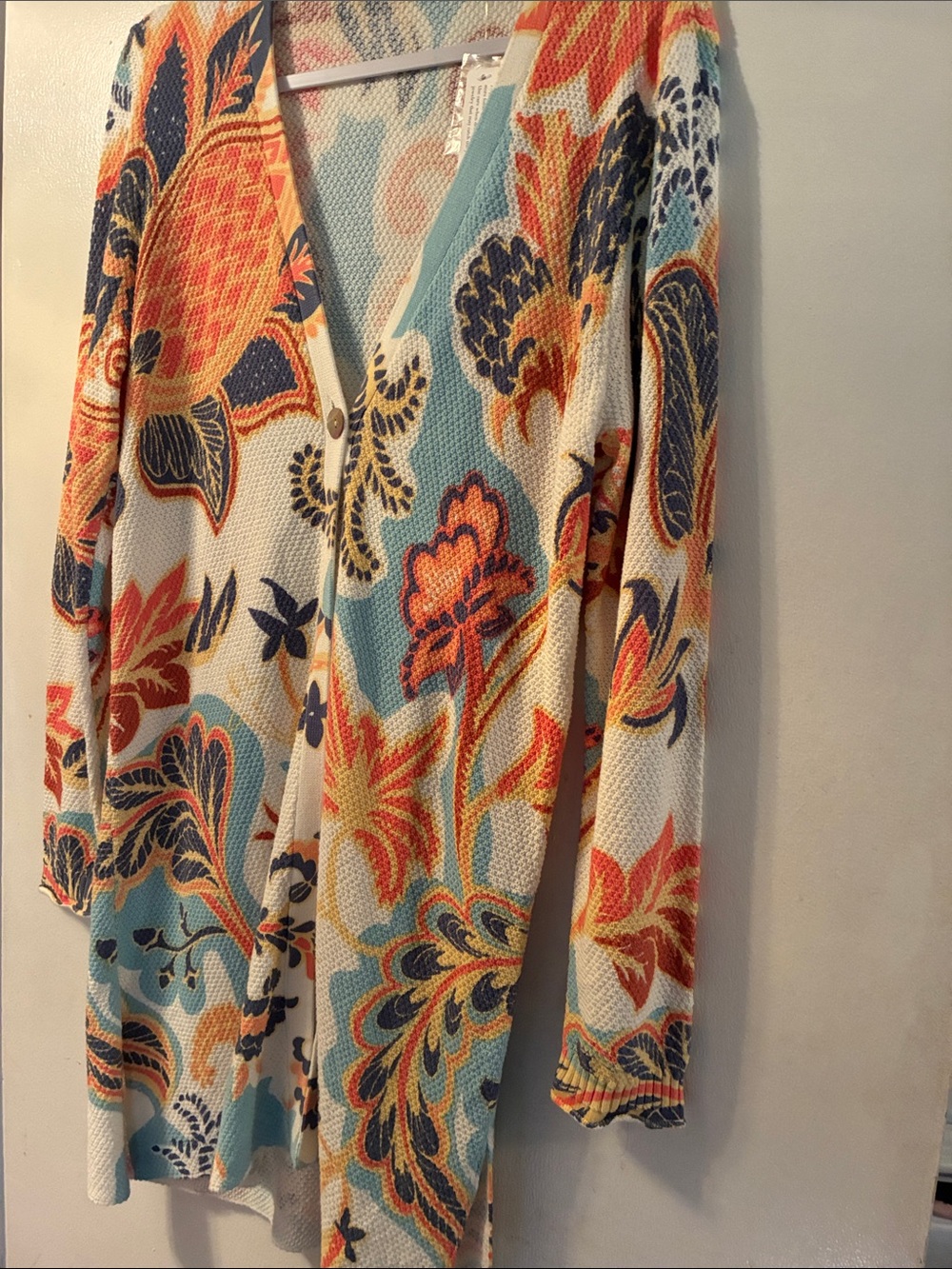 Colorful Floral V-Neck Cardigan Sweater - White Multicolored One Button To Close
